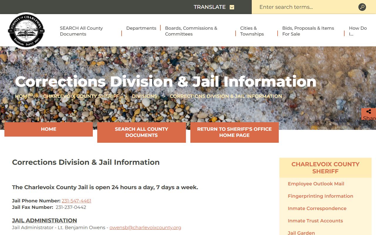 Charlevoix County corrections page showing jail information and visitation rules