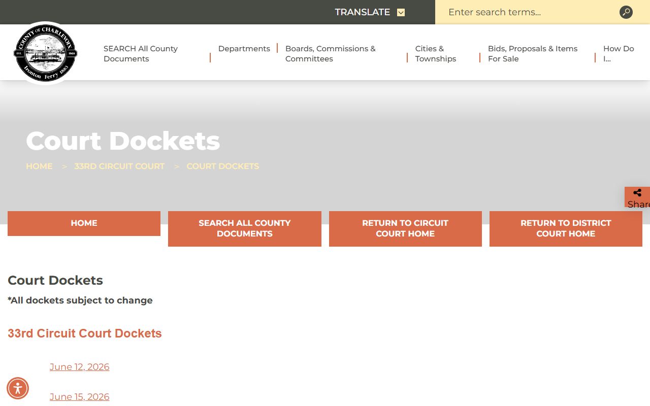 Charlevoix County court dockets page with Circuit and District docket links