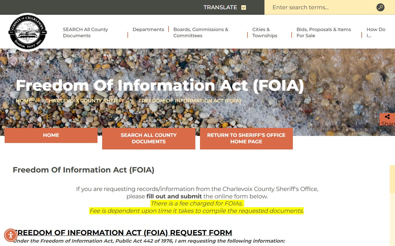 Charlevoix County Sheriff's FOIA request form for law enforcement records
