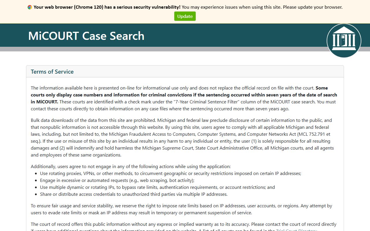 MiCOURT Case Search interface for Michigan public court records